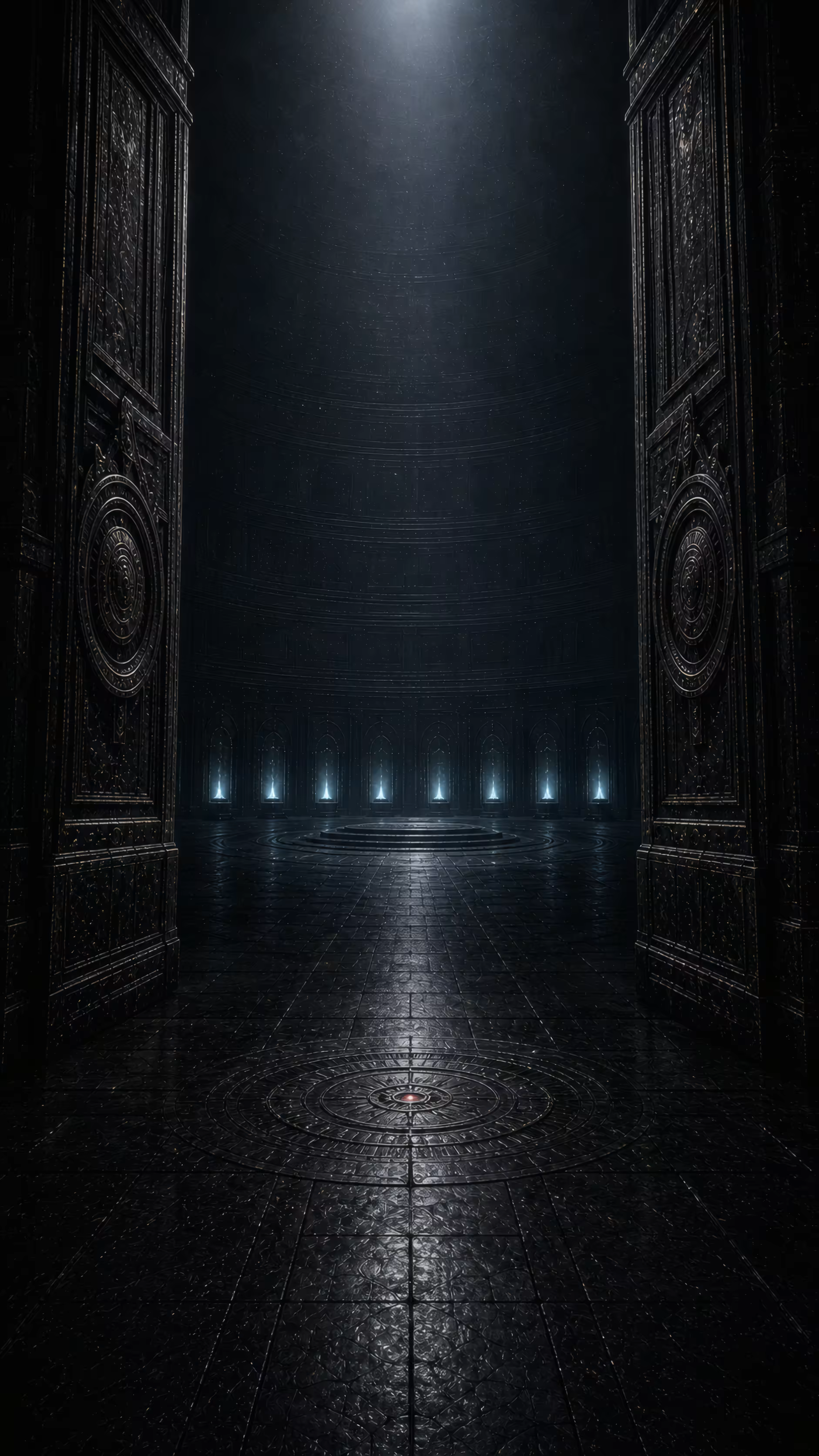 An open archive gate leading toward nine distant mineral lights.