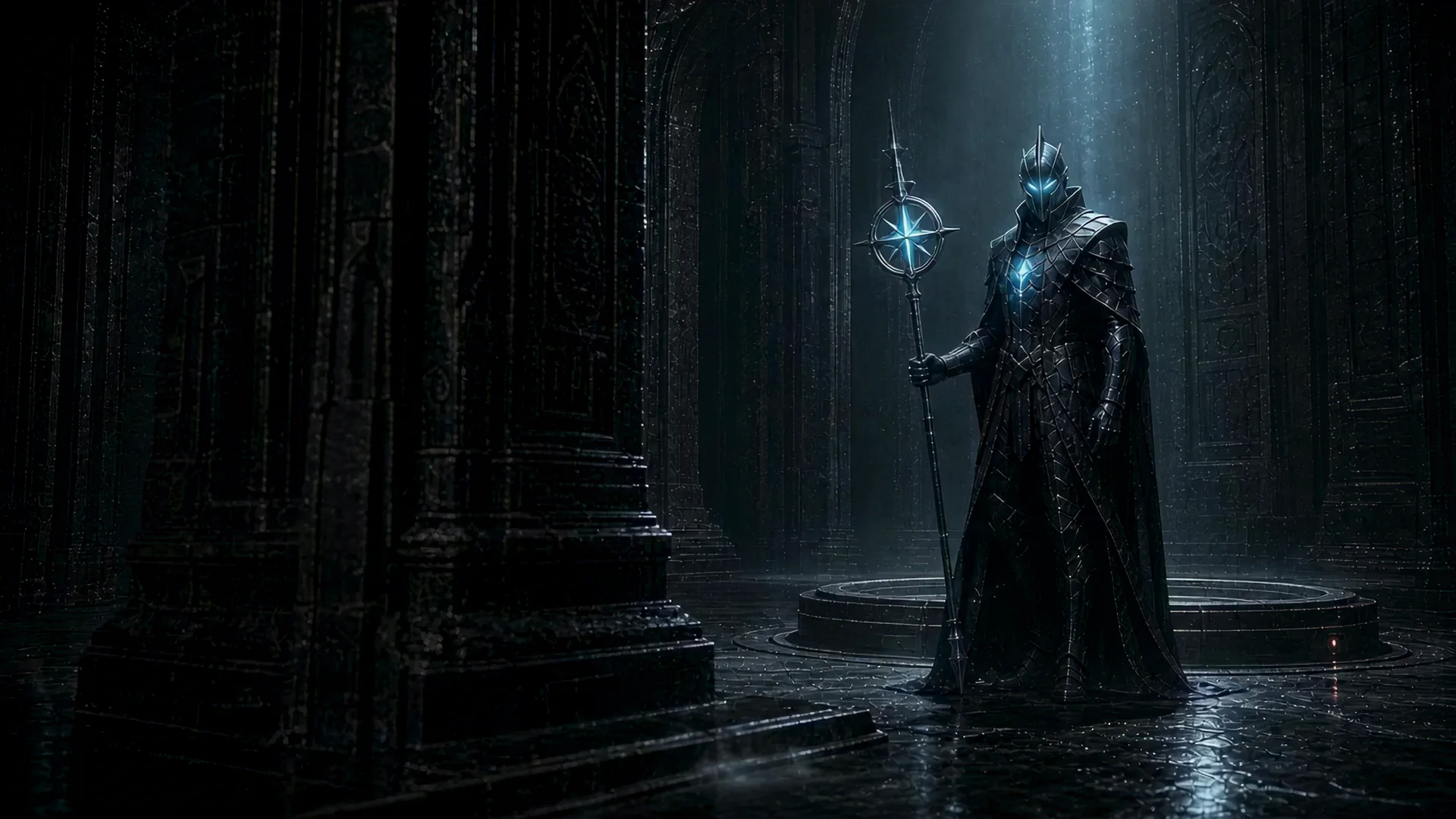 A sealed Wayfinder vessel moving through a deep archive chamber.